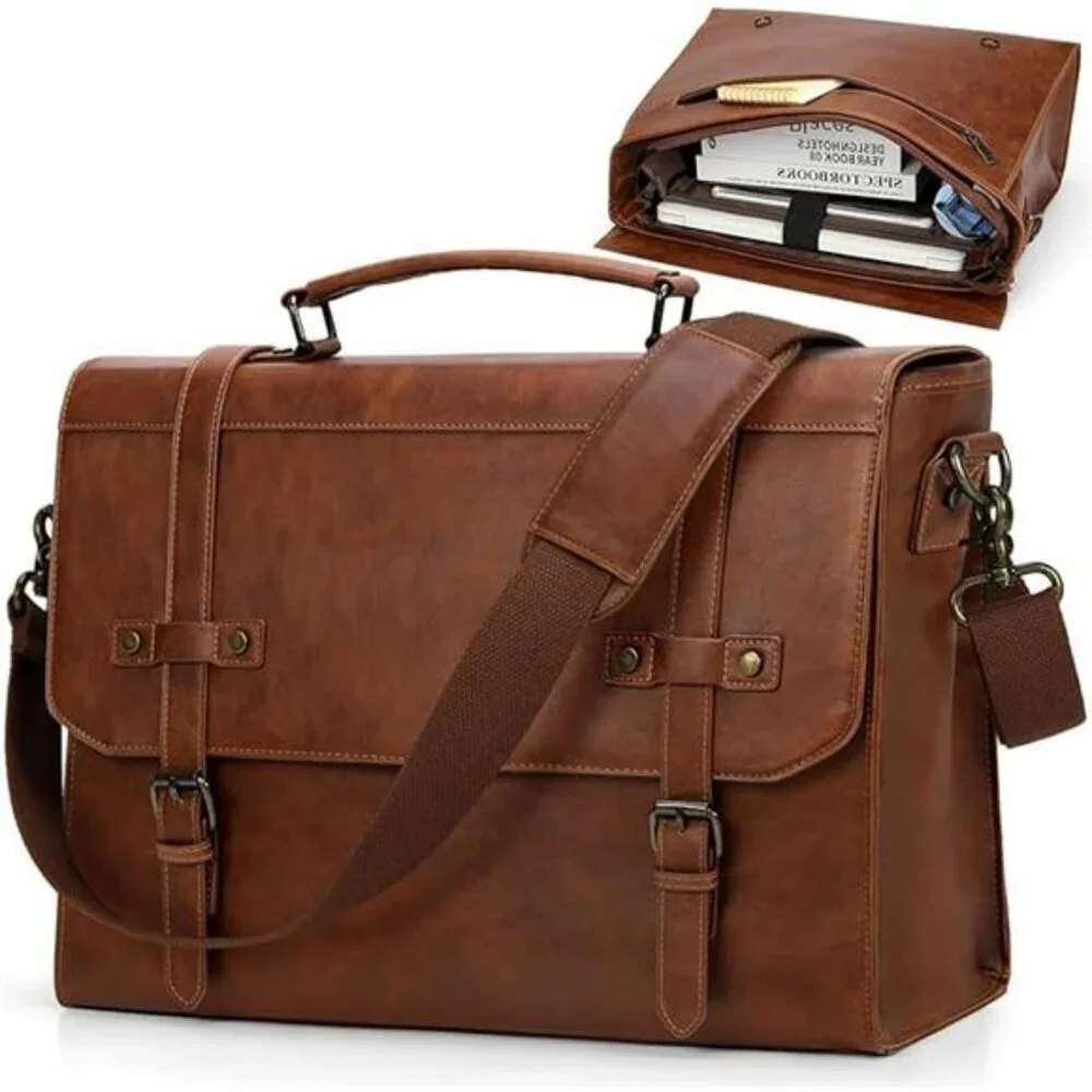 Mens Leather Messenger Bag 17 Inch Laptop Briefcase Waterproof Business Travel